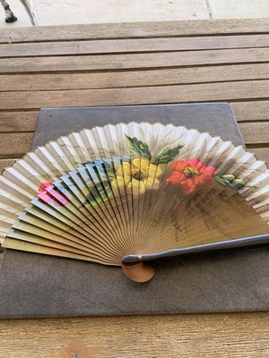 Vintage Hand Painted Floral Bamboo And Silk Fan Photo Prop Boudoir Collectable