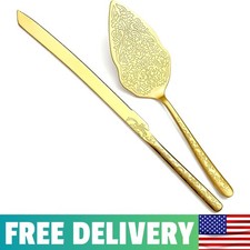 Gold Wedding Cake Knife and Server Set Titanium Gold Plating With Unique Pattern
