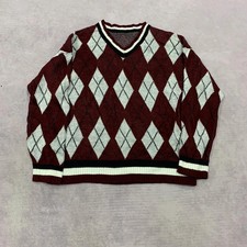 Vintage Knitted Jumper argyle patterned v-neck grandad knit sweater Men's L