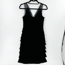 ✅ Eliza J BLACK Illusion Top Tiered Ruffle Dress 6 MESH TOP KEYHOLE BACK WEDDING
