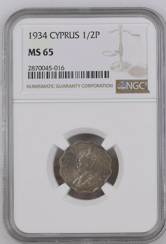 CYPRUS 1/2 PIASTRE 1934 KGVI  NGC  MS 65 ONLY TWO COINS HIGHER