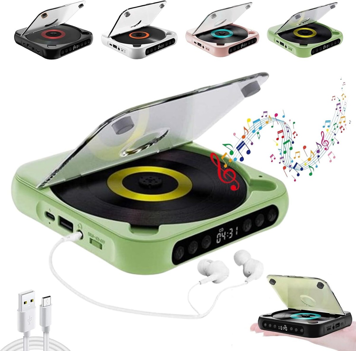 Yuguz Portable CD Player With Bluetooth – Rechargeable, Built-in Speakers, LCD Screen, Supports CD/AUX/USB