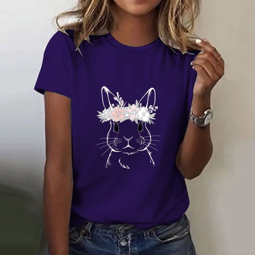 T Shirt Ladies Baggy Fit Short Sleeve Slogan T-shirt Tee Tops Happy Easter Bunny - Picture 18 of 45