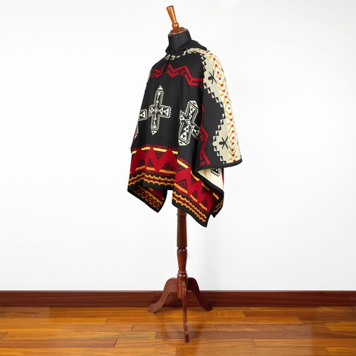 Harmony of Contrasts Hooded Cotton-Alpaca Poncho Aztec Geometric Accents - Picture 6 of 13