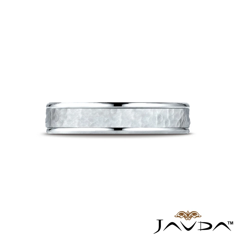 Hammered Finish Polished Edge 4mm Man Men's Women's Wedding Band White Gold Ring - Image 3 of 4