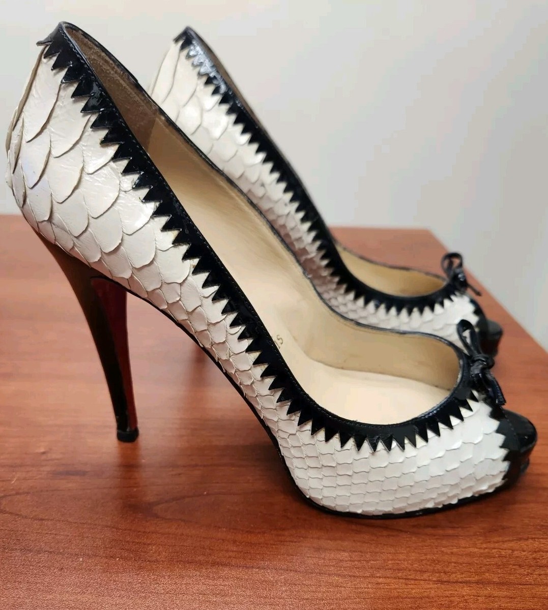 Christian Louboutin Ivory Python Peep Toe Bow Pumps Heels Shoes Sz