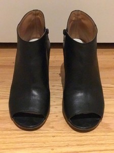 black leather open toe booties