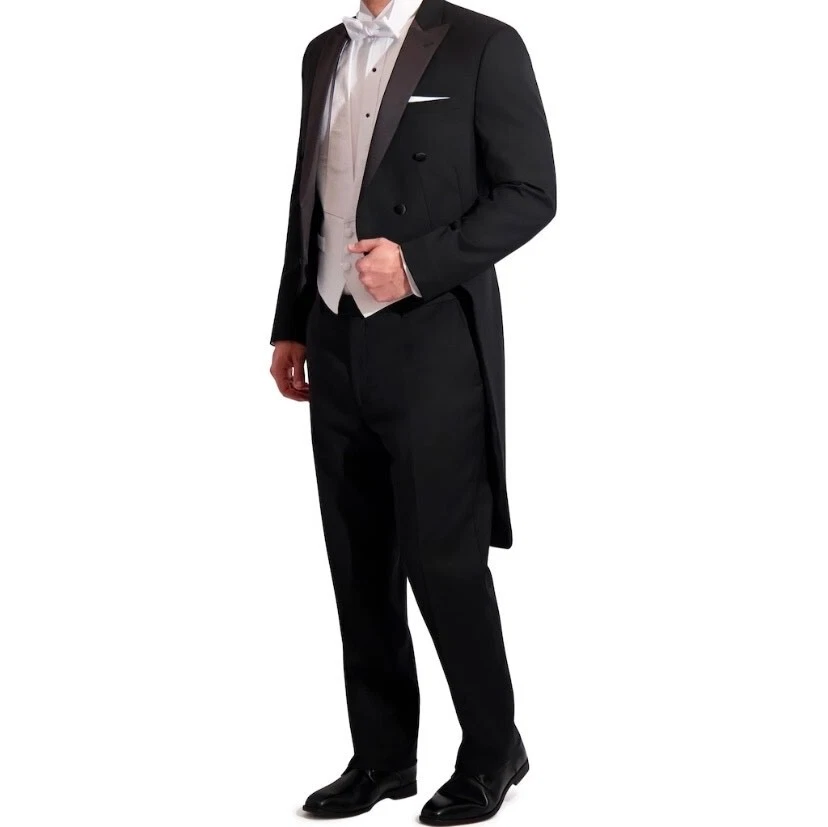 Abrigo de Esmoquin Negro para Hombre con Solapas de Pico Satinado 100% Lana-Boda Gala Mason Foto 3 de 4