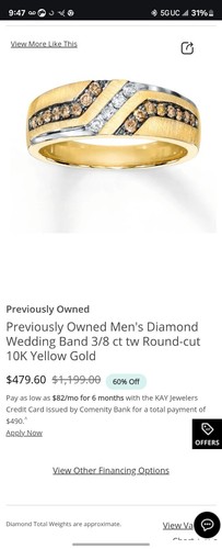 Chocolate Brown & White Diamond Band Mens 10K Yellow Gold Ring 3/8 Ct.