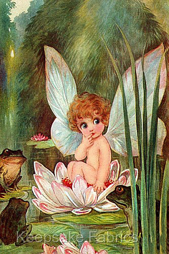 Wide Eyed Fairy Visits Frogs Fabric Quilt Block Multi Szs Free Shipping - Photo 1/1