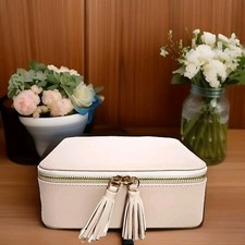 Mele  Co Square Travel Jewelry Box Neutral Tan Vegan Leather Zip Around NIB