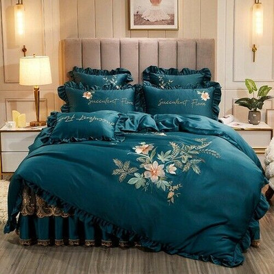 Luxury Silkly Floral Embroidery Bedding Set Silk Duvet Cover Set Lace Bed Skirt