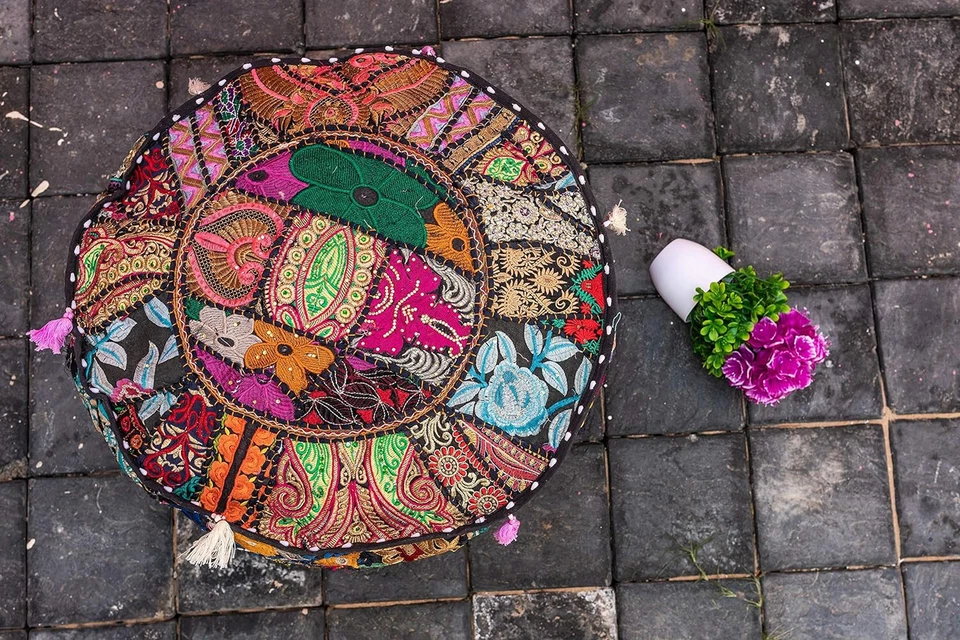 22" Indian Ottoman Pouf Round Floor Footstool Cover Patchwork Cotton Pouf Cover - Image 4 of 4