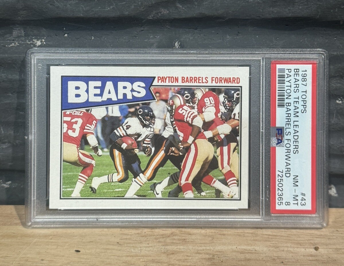 1987 TOPPS #43 WALTER PAYTON BARRELS FORWARD PSA 8