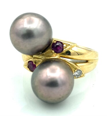 Bague Cocktail Or Blanc 18 Carats - Avec Perles, Rubis Et Diamants 0,20 Ct - Poids 11,82 G - Occasion