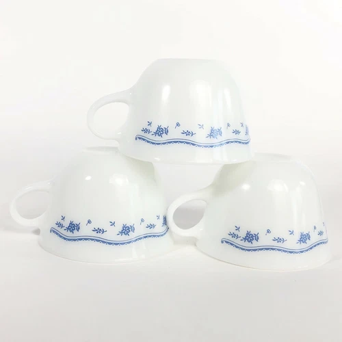 Vintage Pyrex Milk Glass Mugs Morning Blue Pattern Set of 3