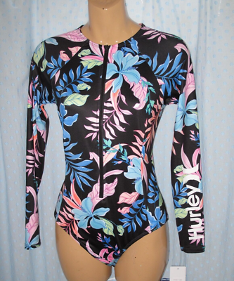 Hurley Women's L Black Floral L/S One Piece Swimsuit Surf Rash