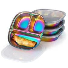 4 PCS Rainbow Coated Stainless Steel Kids Plates with Lids Dividers Bariatric