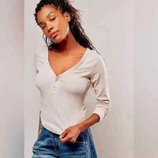 Free People Top Manica Lunga Intimamente Coffee Chat Scollo a V Neutro Taglia L Nuovo senza etichette