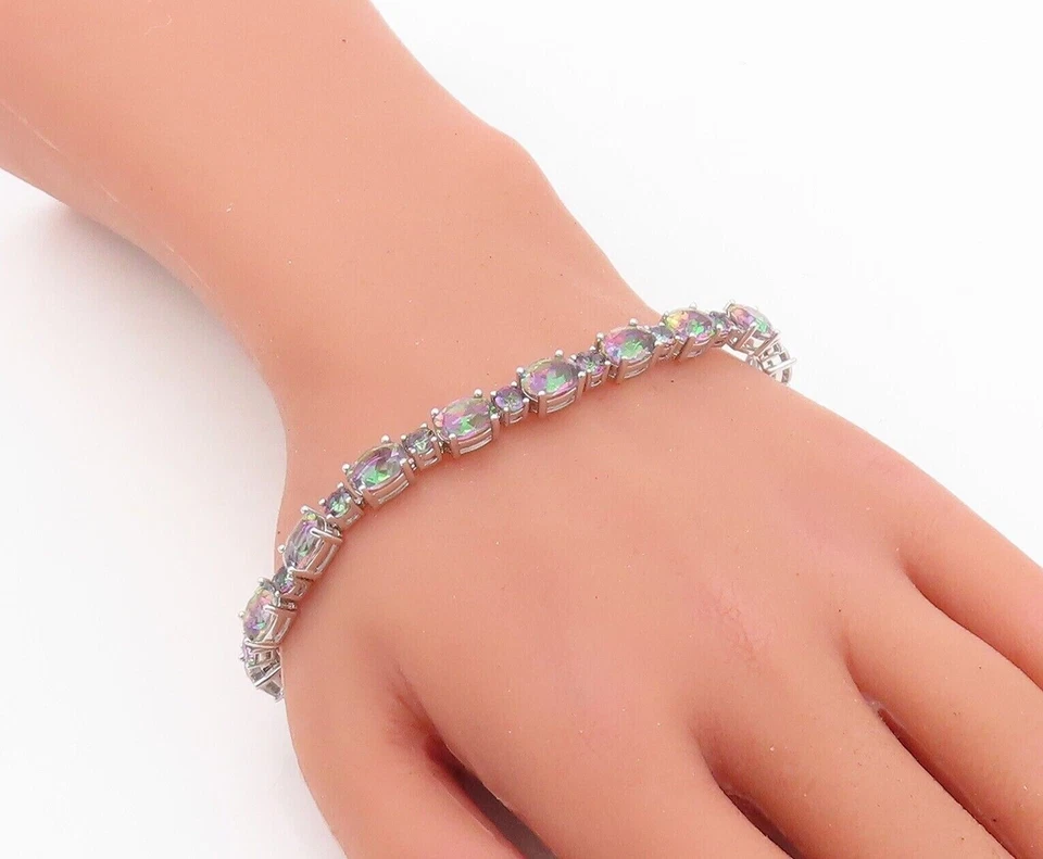 925 Sterling Silver Vintage Bracelet Round & Oval Mystic Topaz Band  BT10766 - Image 3 of 4