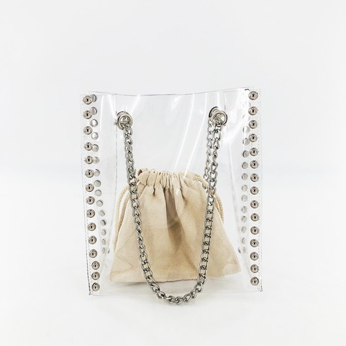 Transparent PVC Clear Shoulder tote bag Silver Studs Beige Zebra Insert Canvas - Picture 18 of 25