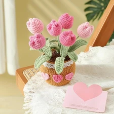 Tulips Crochet Flower Bouquet Crafted Home Decor  Crocheted Potted Plant (Pink)
