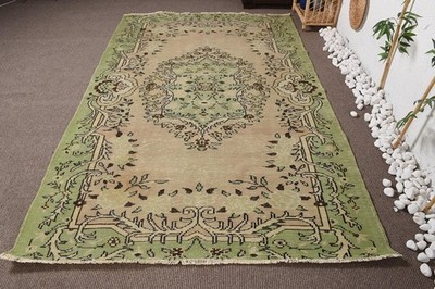 Turkish Large Rug 5,4x8,6 ft (165x261 cm), Vintage Green Floral Wool Rug
