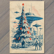 STICKER UFO Christmas Tree Futuristic City Robots Aliens Sci Fi Holiday Scene