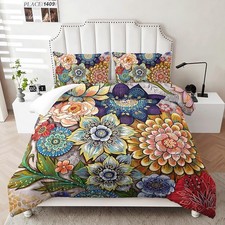 3 Pieces Boho Floral Comforter Set,Bohemian Colorful Flowers Comforter Set Ki...