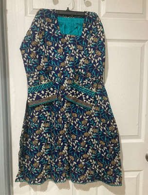 Women s Blue Green White Floral Maxi Dress Knee Length 3/4 Sleeve Size S