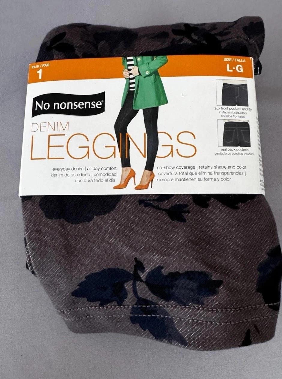 NWT No Nonsense Denim Leggings L/G Brown Black Floral Print Faux Pocket