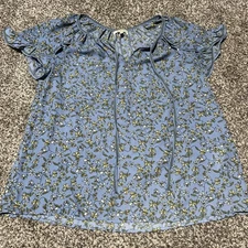 Max Studio Floral Tulip Sleeve Blouse Flowy Top SZ XS Blue