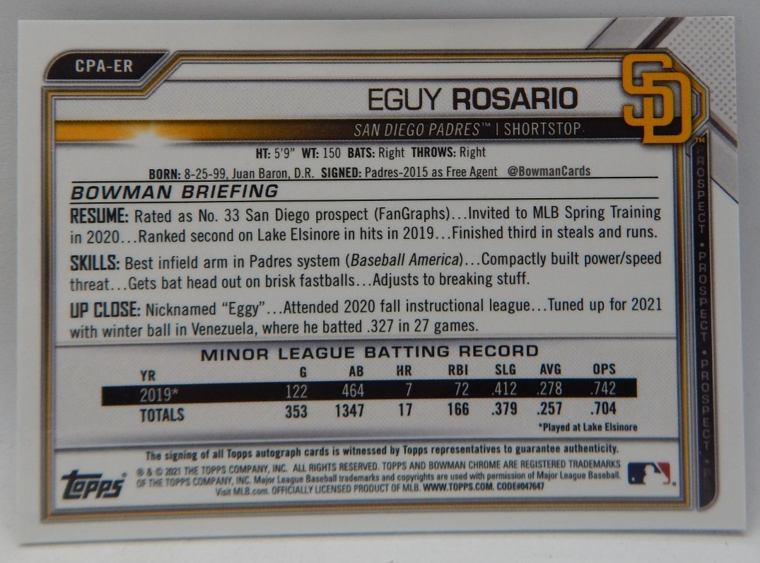 2021 Bowman Chrome Baseball - 1st Auto Speckle 155/299 Padres - EGUY ROSARIO view 2