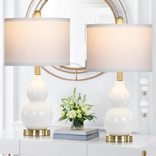 Double Gourd Ceramic Table Lamps Set of 2, Modern White Bedside Lamps for Nig...