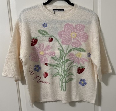 Threadbare Floral Embroidered Knit Sweater SS Oversized Ivory Floral Size 6 NWT