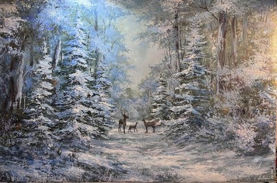 Large winter landscape! Original oil painting on canvas, dears in snowy forest