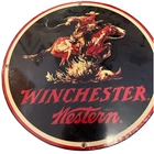 Vintage Ande Rooney Winchester Western Rider Porcelain Enameled Sign 11" Round