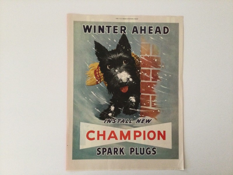 Vintage 1950 Scottish Terrier “Winter Ahead” Champion Spark Plugs Color Print Ad