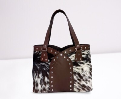 Cowhide Shoulder Bag Metal Rivet Studded Handbag Leather Casual 