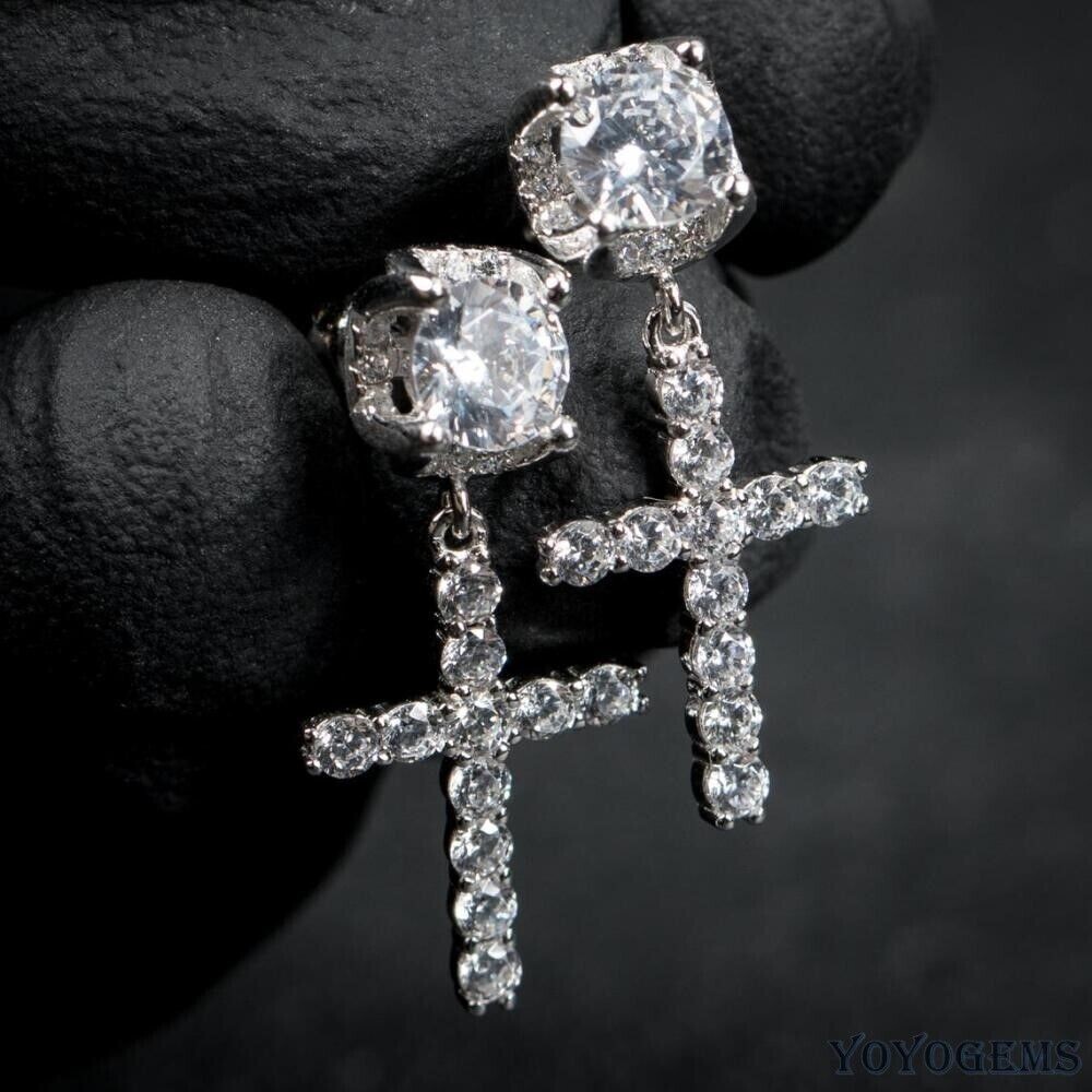 Stunning 14k White Gold Plated Round Simulated Diamond Cross Dangle Earrings