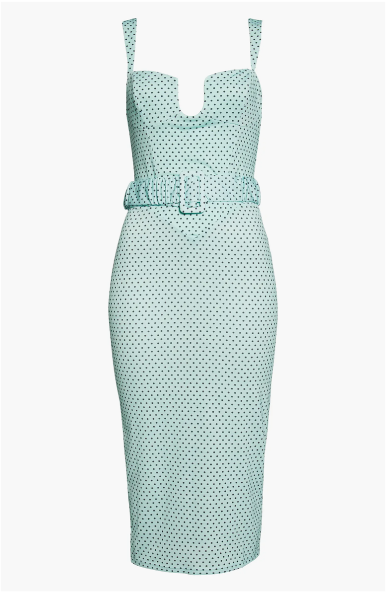 NEW ASOS Mint & Black POLKADOT Cami Cupped RUCHED BELT Body Con MIDI DRESS US 4