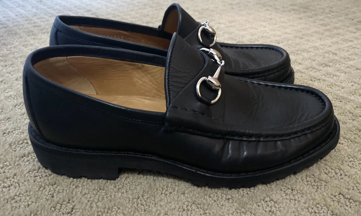 Men's Gucci Black Leather Lug Sole Silver Horsebit Loafers Size 7D