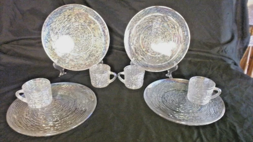 VINTAGE 8 PC CLEAR RAINBOW CARNIVAL GLASS  DINNER PLATE 10" & MUG SETS MINT