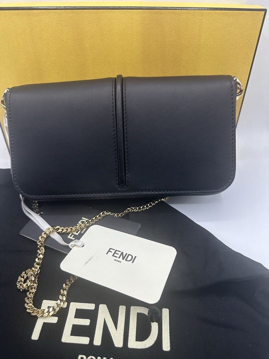 ■FENDI■ Fendigraphy Chain Wallet Pouch Bag Black 8BS076A5D FENDI FENDIGRAPHY BLACK LEATHER CHAIN WALLET SHOULDER
