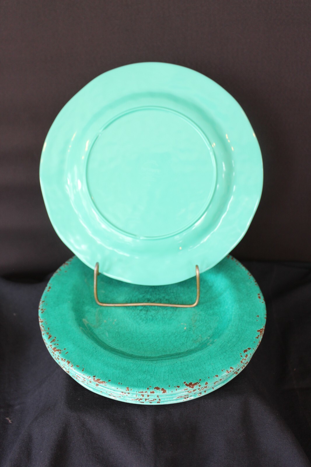 Set of 5 PIER 1 CARMELO Turquoise Aqua Green MELAMINE DINNER PLATES 11" Crackle