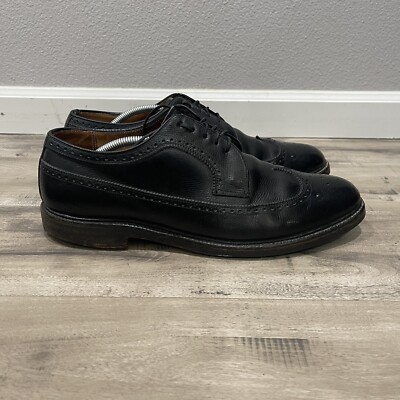 Vintage 1950s Florsheim Shoes Men Size 12 Black Long Wing Wingtip V Cleat 2 Nail Florsheim Long Wing Models | vcleat main image 2