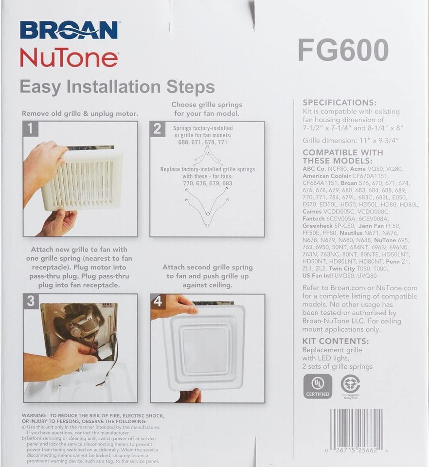 Broan NuTone FG600 LED Grille Upgrade Bath Ventilation Fan New Fart Fan ...