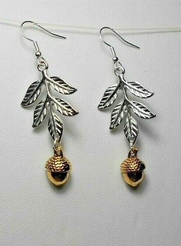 Dangle earrings - Silver Leaves, Gold Acorn, 63mm long (SH3A1) - Picture 3 of 3