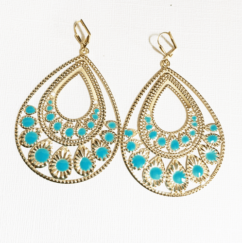 Gold plated blue enamel teardrop earrings, trendy blue teardrop earrings, - Picture 3 of 3