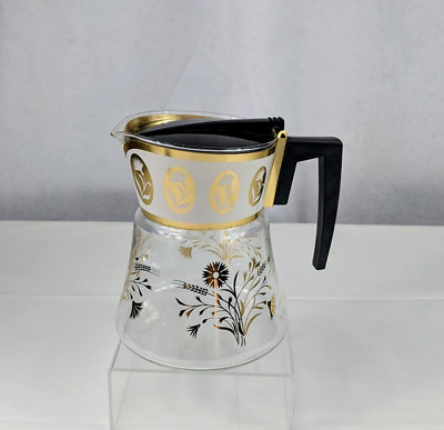 VTG David Douglas Flameproof Glass Coffee Pot Atomic Carafe Gold Floral MCM